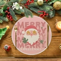 Pink round linen placemat featuring Santa Claus and Christmas greeting on wood table - Santa Claus with Star Glasses Style (XRP033)