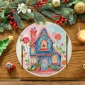 Linen Christmas placemat with blue watercolor house illustration on dark wood table - Blue Fantasy House Style (XRP035)
