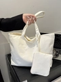White corduroy tote bag set with matching small zipper pouch and fashion label - 2pcs Set / White