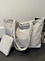 Grey striped corduroy tote bag set with matching pouch for daily commute use - 2pcs Set / Light Gray