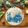 Round linen Christmas placemat with candle and gift box pattern on wooden table - Gift Box and Candle Illustration Style (XRP038)