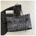 Large tote bag with grey and black leopard print and long slender shoulder straps - Black