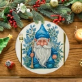 Linen Christmas placemat with blue gnome illustration on a festive wooden table - Blue Gnome Illustration Style (XRP040)