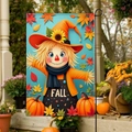Bandiera da giardino con spaventapasseri, zucche e foglie d'autunno per esterni - 30x45cm / Spaventapasseri Cartone Animato con Sfondo Celeste (FGF088)