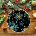 Round Christmas linen placemat with blue and gold snowflake pattern on black base - Black with Gold and Blue Snowflakes Style (XRP041)