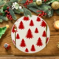Tovaglietta tonda in lino beige con alberi di Natale rossi su tavolo in legno - Bianco Sporco con Alberi di Natale Rossi (XRP047)