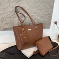Ensemble 3 pièces cabas en cuir grainé marron avec bandoulière et porte-monnaie - Ensemble Avec Sacoche Et Pochette / Marron