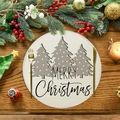 Linen Christmas placemat with grey tree print and Merry Christmas script on dark wood - Polka Dot Christmas Tree Style (XRP050)