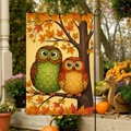 Bandiera da giardino con illustrazione di gufo e foglie d'acero con decoro di zucca - 30x45cm / Gufi su un Ramo d'Acero (FGF090)