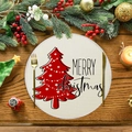 Tovaglietta tonda in lino per Natale con albero rosso e scritta Merry Christmas - Bianco Sporco con Singolo Albero Rosso (XRP064)