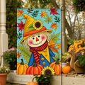 Bandiera da giardino autunnale con spaventapasseri e zucca per decoro raccolto - 30x45cm / Spaventapasseri Girasole e Foglie d'Autunno (FGF095)