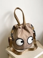 Bolso cubo de nailon caqui con diseño de ojos y correa de hombro tejida extraíble - Caqui