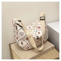 Close-up of white waffle texture tote bag with pink bear and strawberry patterns - White Waffle Cute Elements