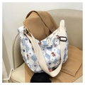 Blue and white quilted square bag with bear pattern and a wide fabric shoulder strap - Blue and White Gingham Teddy Bear Print