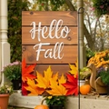 Bandiera da giardino Hello Fall con foglie d'acero colorate su sfondo di legno - 30x45cm / Legno Marrone Scuro Hello Fall (FGF096)