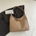 Retro khaki woven tote bag in high-quality PU leather with large capacity design - Khaki