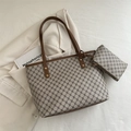 Sac fourre-tout à motif géométrique rétro avec pochette et anses en cuir brun - Kaki