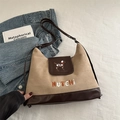 Beige suede and brown leather tote bag with a cute puppy embroidery and shoulder strap - Khaki