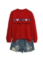 Detail of red crewneck sweatshirt with one day at a time text and denim shorts - S / Red