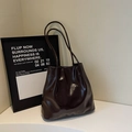Retro deep brown glossy patent leather tote bag with large capacity and minimalist design - Coffee
