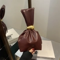 Chic dark wine red pleated bucket handbag with elegant gold metal ring handle - Burgundy