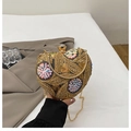 Sequin heart-shaped evening clutch with gold embroidery floral pattern and chain - Gold