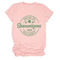 Detail showing pink short-sleeve cotton T-shirt with green Shenanigans logo and clover - Pink