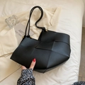 Large black woven tote bag in luxury PU leather with double shoulder straps and gold rings - Black