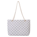 Chic tote bag featuring grey and white checkerboard pattern with gold chain strap - White