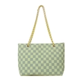 Green checkerboard pattern tote bag with metal chain strap and pleated texture - Green