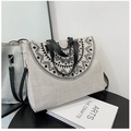 Beige canvas shopper met zwart geometrisch patroon en lederen handvatten voor dames - Zwart