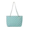 Chic mint green and grey checkerboard tote bag with chain strap for daily commute - Lake Blue
