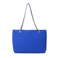Royal blue checkerboard tote bag with metallic chain strap and textured finish - Sapphire Blue