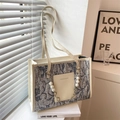 Chic cream tote bag with blue abstract texture and elegant pearl metal chain strap - Gray