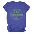 Detail view of St. Patrick's Day graphic tee with clover and Shenanigans slogan - Vintage Blue