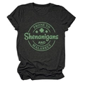 Detail of grey crewneck T-shirt featuring green Prone to Shenanigans shamrock print - Black Heather Grey