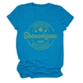 Close-up of sky blue cotton T-shirt featuring a green vintage Shenanigans shamrock print - Lake Blue