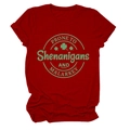 Close-up of the St. Patrick's Day graphic print on this red cotton short sleeve T-shirt - Red