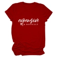 Detail of burgundy cotton T-shirt featuring expensive difficult text and rolled cuffs - S / White Font / Red