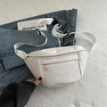 White woven crossbody fanny pack with adjustable strap and metallic gold zipper - White