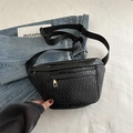 Minimalist black woven texture waist bag with adjustable nylon strap and gold zipper - Black