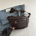 Dark brown woven leather waist bag with adjustable strap and golden zipper detail - Brown