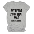 Flat lay of a grey crew neck t-shirt with black #WRESTLINGMOM and slogan print details - S / Black Font / Light Gray