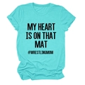 Detail of teal crew neck T-shirt featuring My Heart Is On That Mat wrestling print - S / Black Font / Deep Water Blue