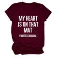 Detail of burgundy T-shirt showing My Heart Is On That Mat wrestling mom text print - S / White Font / Burgundy