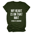 Close-up of My Heart Is On That Mat lettering and Wrestling Mom tag on green T-shirt - S / White Font / Army Green