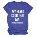 Detail of purple cotton T-shirt featuring My Heart Is On That Mat wrestling text - S / White Font / Vintage Blue