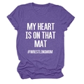 Detail of purple heathered T-shirt with MY HEART IS ON THAT MAT wrestling print - S / White Font / Purple