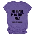 Detail of purple cotton T-shirt featuring My Heart Is On That Mat wrestling mom print - S / Black Font / Purple