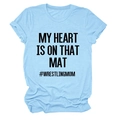 Close-up of My Heart Is On That Mat wrestling mom text on light blue cotton t-shirt - S / Black Font / Light Blue